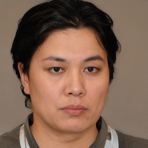 Neutral asian young-adult female with medium  brown hair and brown eyes