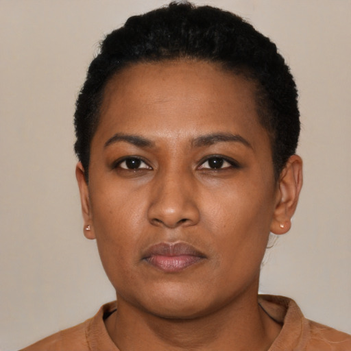 Neutral latino young-adult female with short  black hair and brown eyes