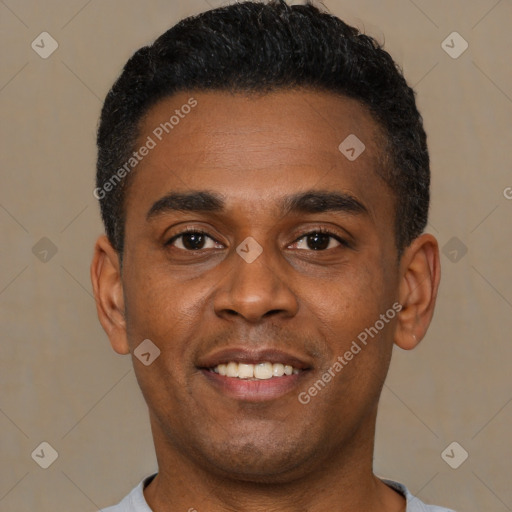 Joyful latino young-adult male with short  black hair and brown eyes