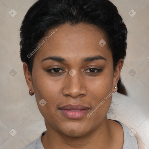 Joyful latino young-adult female with short  black hair and brown eyes