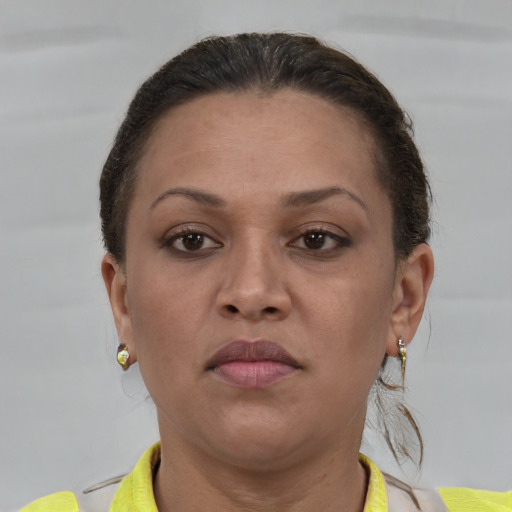 Neutral white adult female with short  brown hair and brown eyes