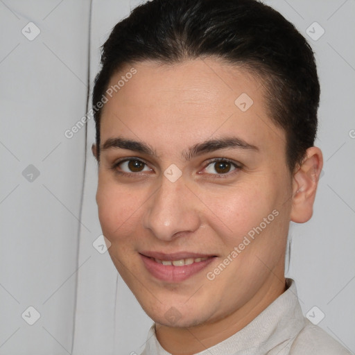 Joyful white young-adult female with short  brown hair and brown eyes