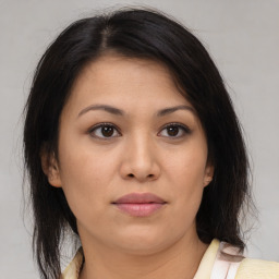 Neutral asian young-adult female with medium  brown hair and brown eyes