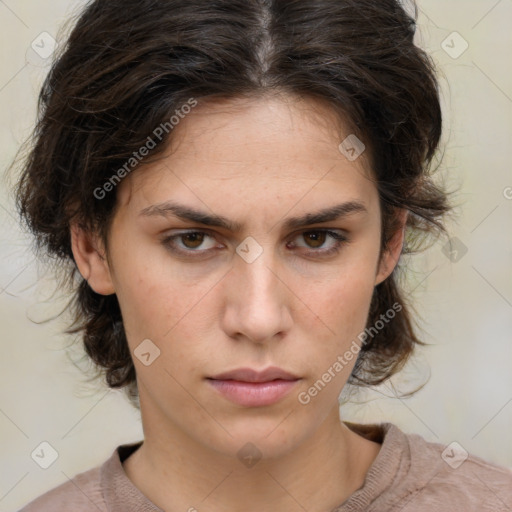 Neutral white young-adult female with medium  brown hair and brown eyes