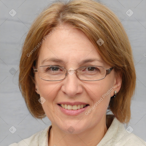 Joyful white adult female with medium  brown hair and blue eyes