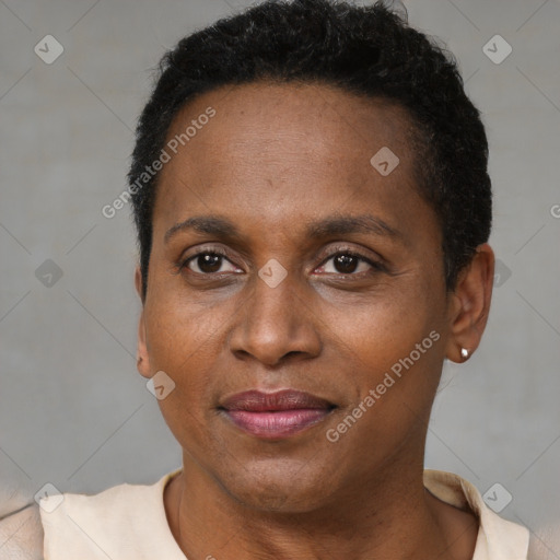 Joyful black adult female with short  brown hair and brown eyes