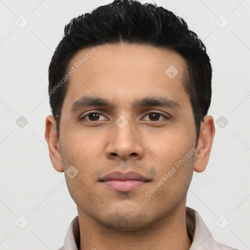 Neutral asian young-adult male with short  black hair and brown eyes