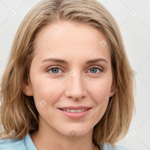 Joyful white young-adult female with medium  brown hair and blue eyes