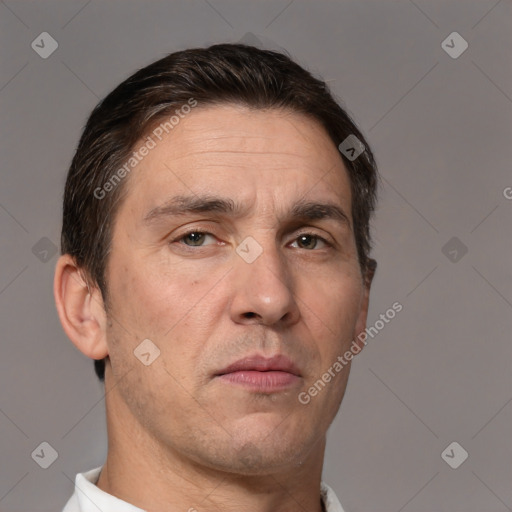 Neutral white adult male with short  brown hair and brown eyes