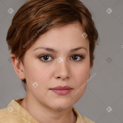 Neutral white young-adult female with medium  brown hair and brown eyes