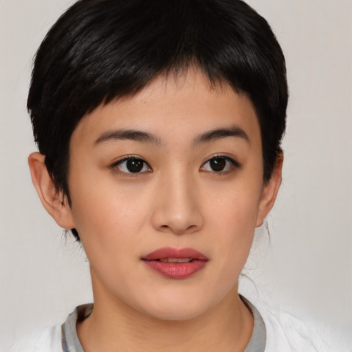 Neutral asian young-adult female with short  brown hair and brown eyes