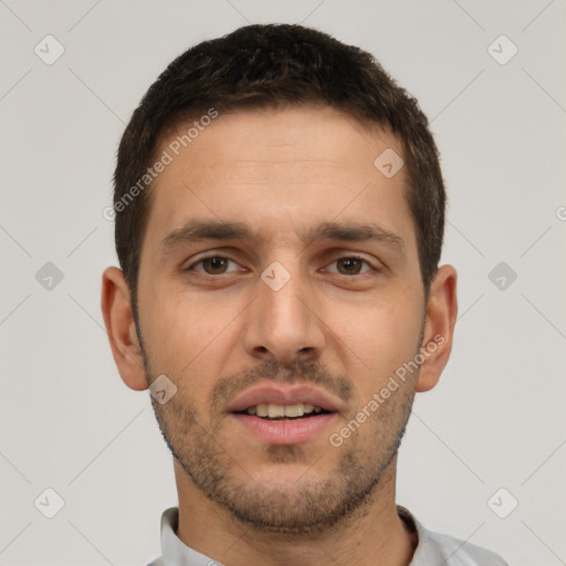 Neutral white young-adult male with short  brown hair and brown eyes