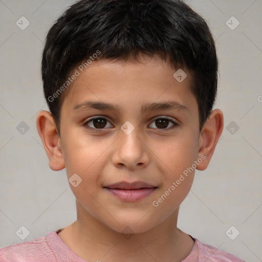 Joyful white child male with short  brown hair and brown eyes