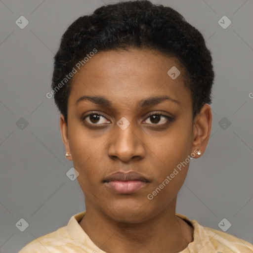 Neutral latino young-adult female with short  black hair and brown eyes