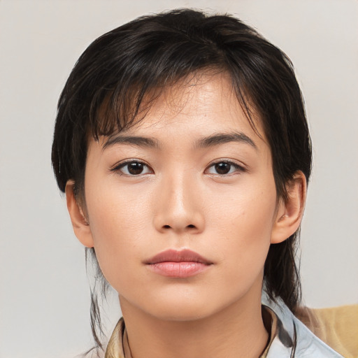 Neutral asian young-adult female with medium  brown hair and brown eyes