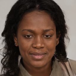 Joyful black young-adult female with long  brown hair and brown eyes