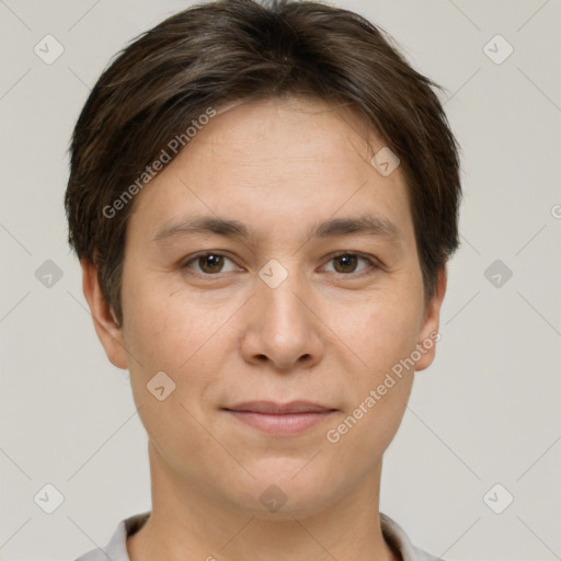 Joyful white young-adult female with short  brown hair and brown eyes