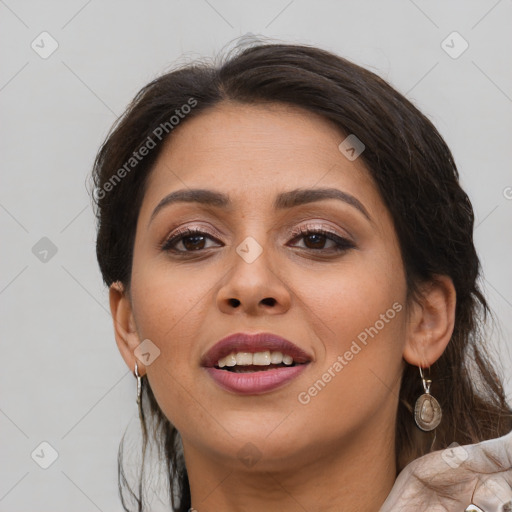 Joyful white young-adult female with medium  brown hair and brown eyes