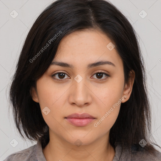 Neutral white young-adult female with medium  brown hair and brown eyes