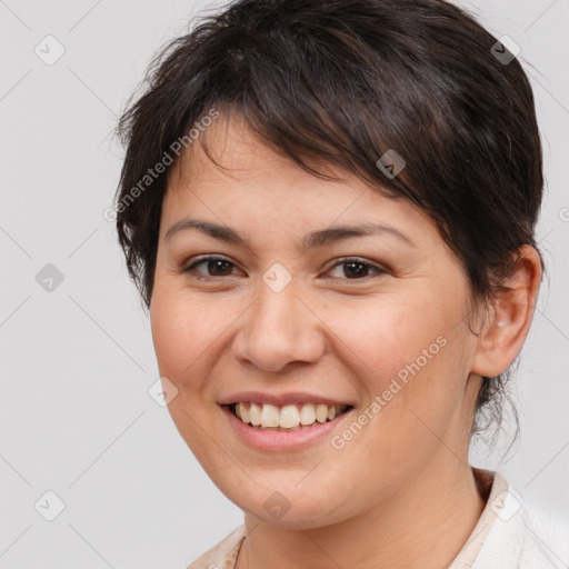 Joyful white young-adult female with medium  brown hair and brown eyes