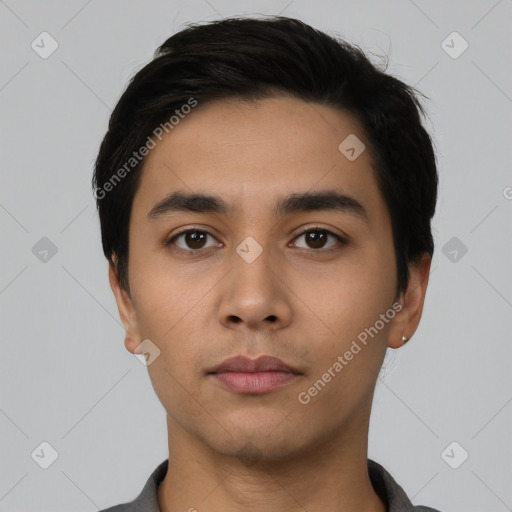 Neutral asian young-adult male with short  black hair and brown eyes