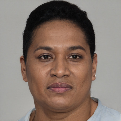 Joyful latino adult female with short  brown hair and brown eyes