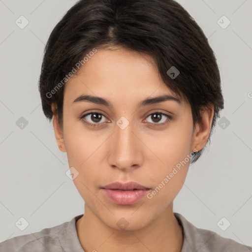 Neutral white young-adult female with short  brown hair and brown eyes