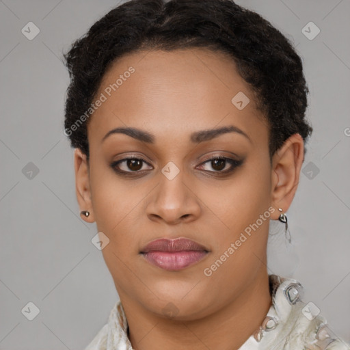 Joyful latino young-adult female with short  brown hair and brown eyes