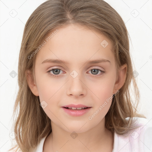 Neutral white child female with medium  brown hair and grey eyes