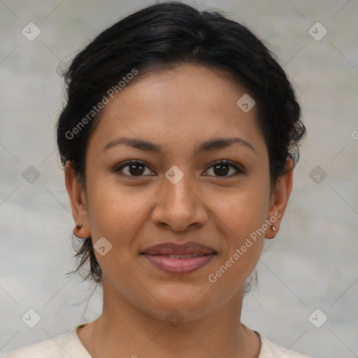 Joyful latino young-adult female with short  brown hair and brown eyes