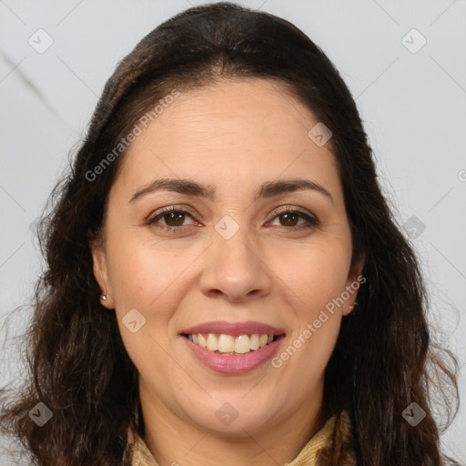 Joyful white adult female with long  brown hair and brown eyes