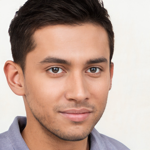 Neutral white young-adult male with short  brown hair and brown eyes