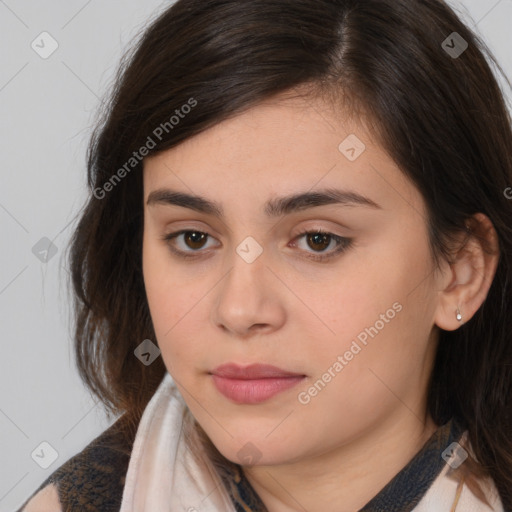 Neutral white young-adult female with medium  brown hair and brown eyes