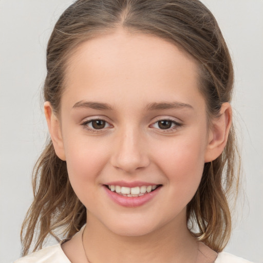 Joyful white child female with medium  brown hair and brown eyes