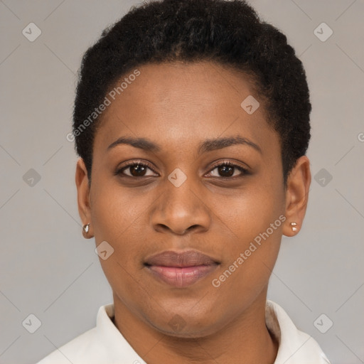 Joyful black young-adult female with short  brown hair and brown eyes