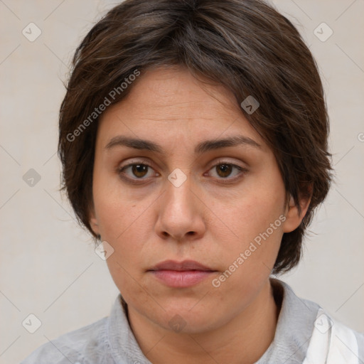 Neutral white young-adult female with medium  brown hair and brown eyes