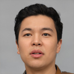 Neutral asian young-adult male with short  black hair and brown eyes