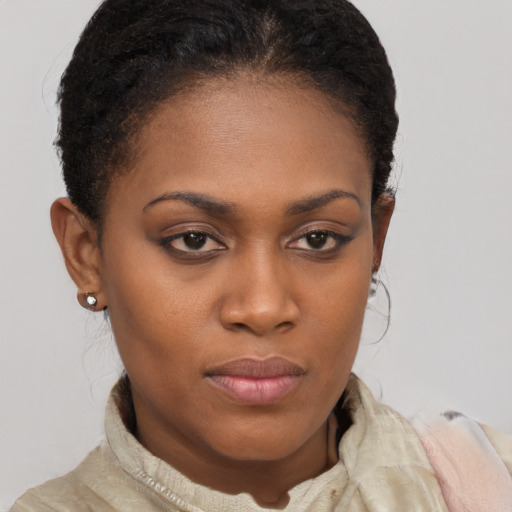 Neutral black young-adult female with short  brown hair and brown eyes