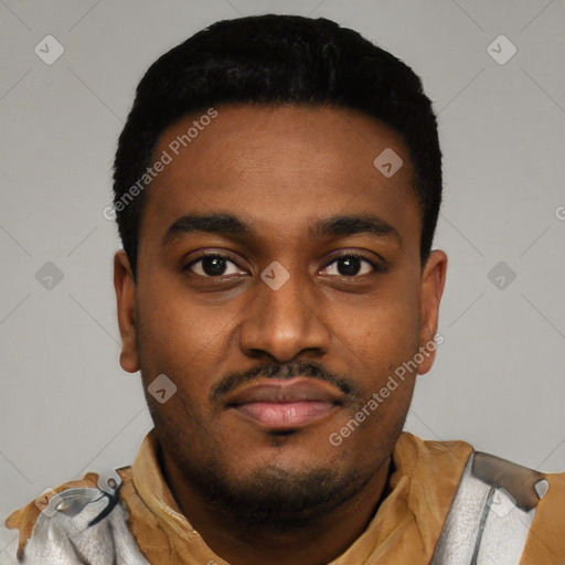 Neutral black young-adult male with short  black hair and brown eyes