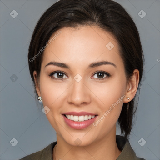 Joyful white young-adult female with medium  brown hair and brown eyes