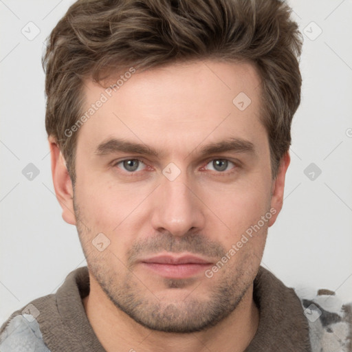 Neutral white young-adult male with short  brown hair and grey eyes