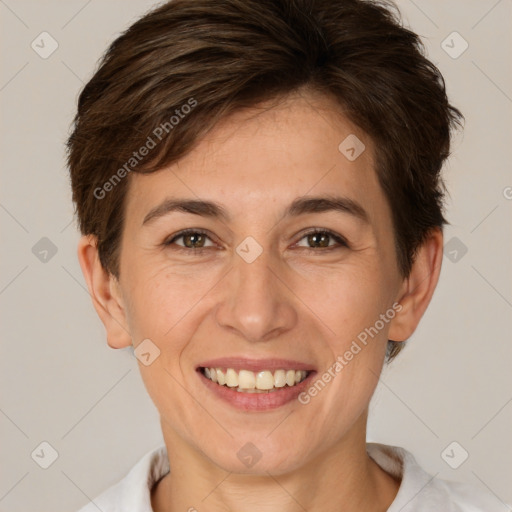 Joyful white young-adult female with short  brown hair and brown eyes