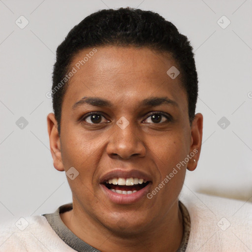 Joyful black young-adult male with short  black hair and brown eyes