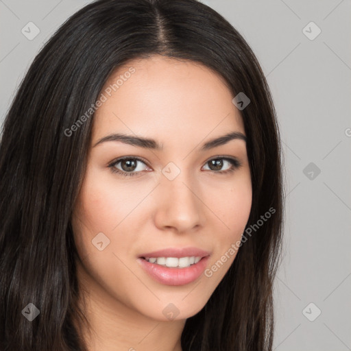 Joyful white young-adult female with long  brown hair and brown eyes