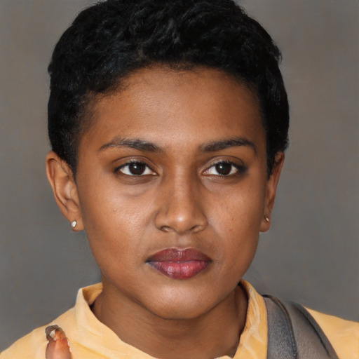Neutral latino young-adult female with short  black hair and brown eyes