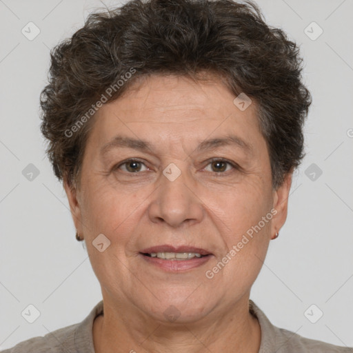 Joyful white adult female with short  brown hair and brown eyes