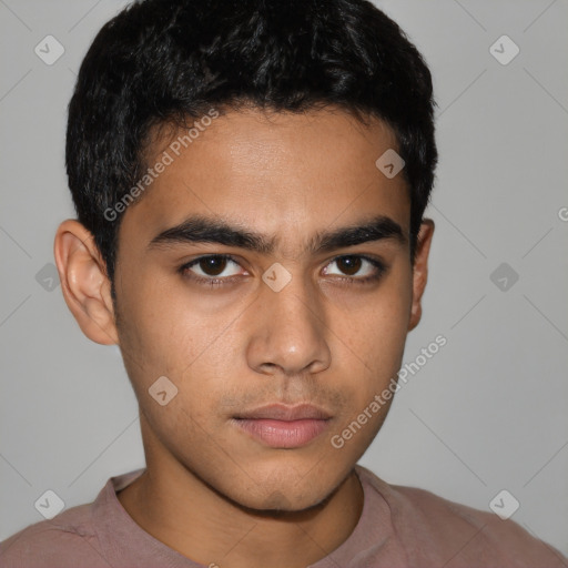 Neutral latino young-adult male with short  brown hair and brown eyes