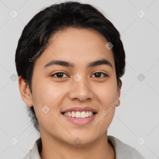 Joyful asian young-adult female with short  brown hair and brown eyes