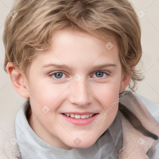 Joyful white child female with medium  brown hair and blue eyes