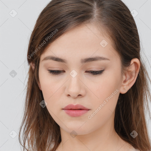 Neutral white young-adult female with long  brown hair and brown eyes